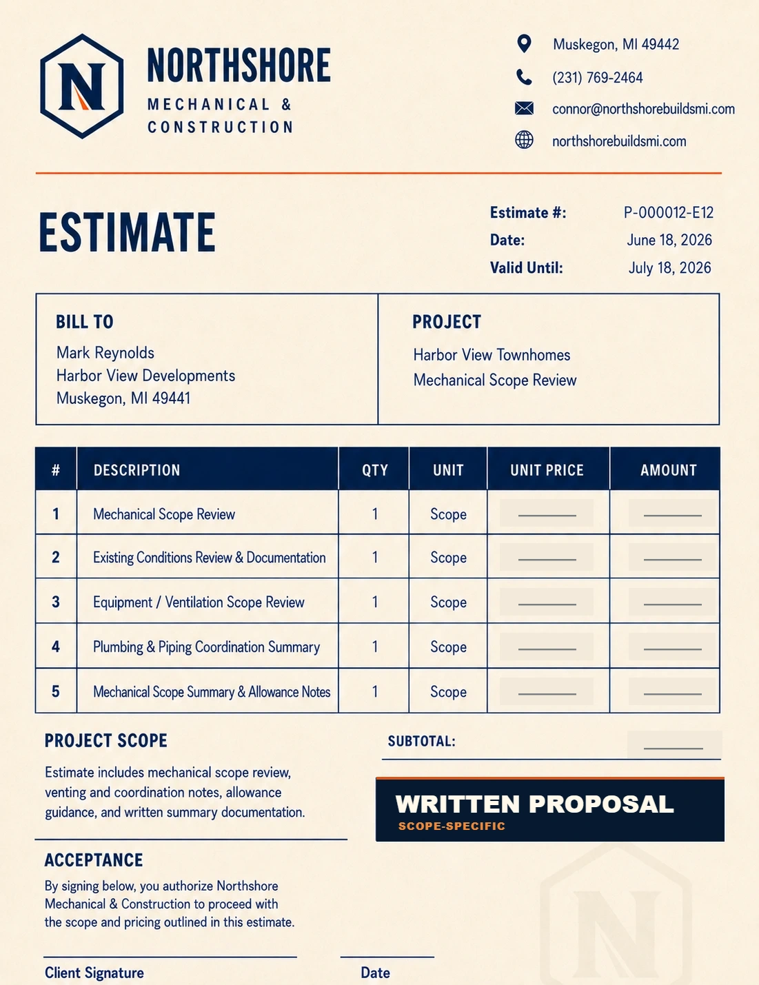 Sample Northshore written estimate detailing scope and price before work begins.