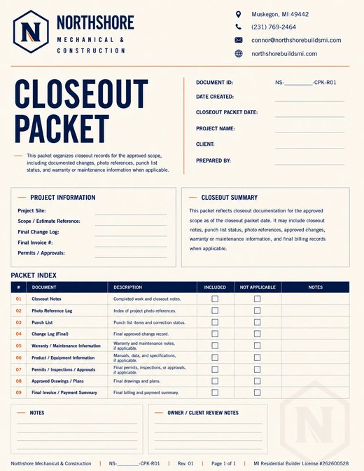 Reference Northshore closeout packet preview.