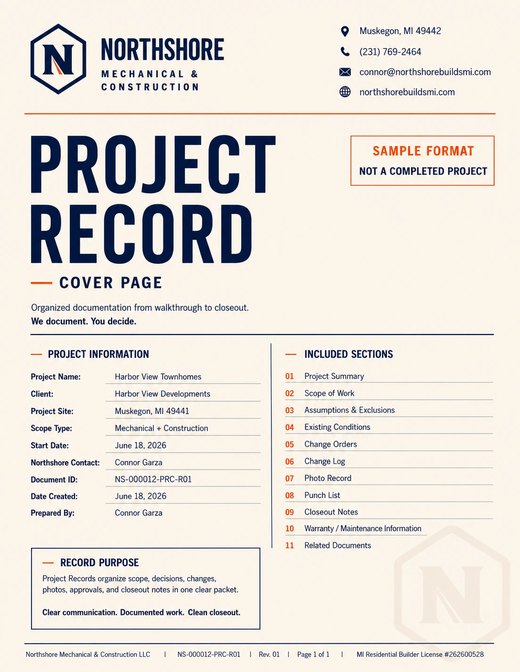 Northshore sample project record preview for documented scope, changes, photos, and closeout notes