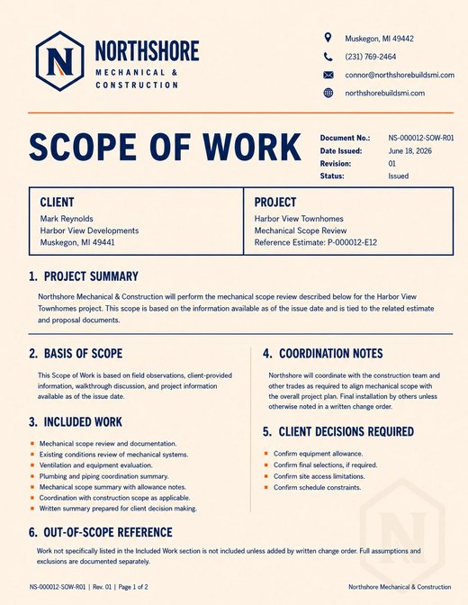 Sanitized Northshore scope of work reference showing the project summary, included work, coordination notes, and exclusions.