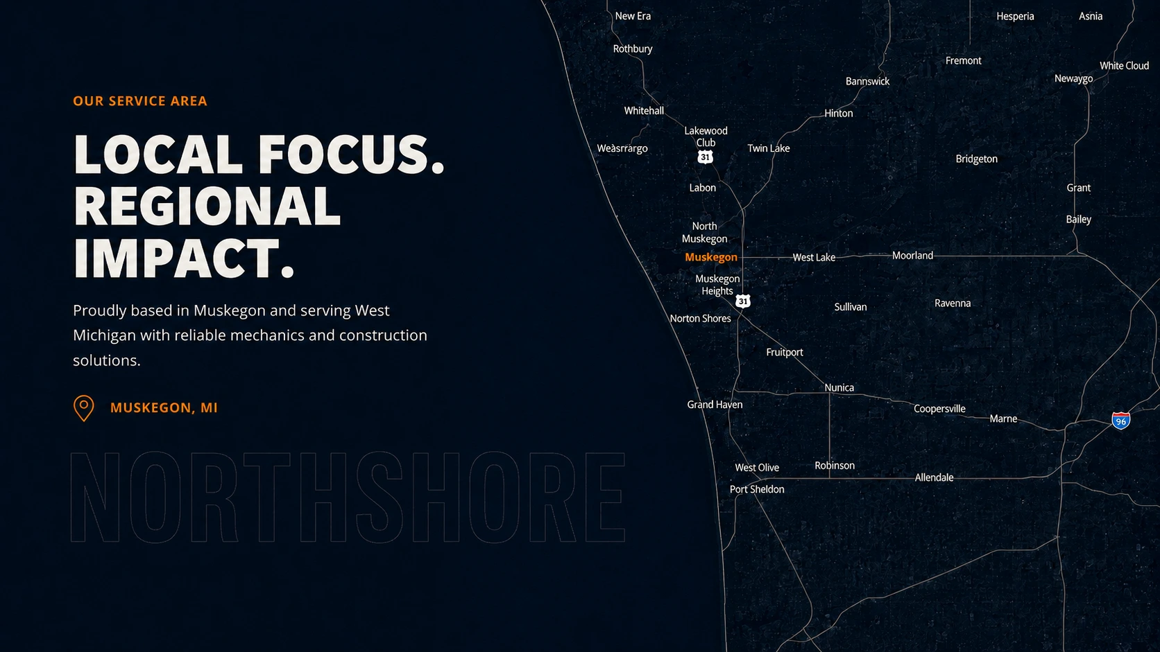 Dark Lake Michigan service-area map showing Muskegon and nearby West Michigan communities.