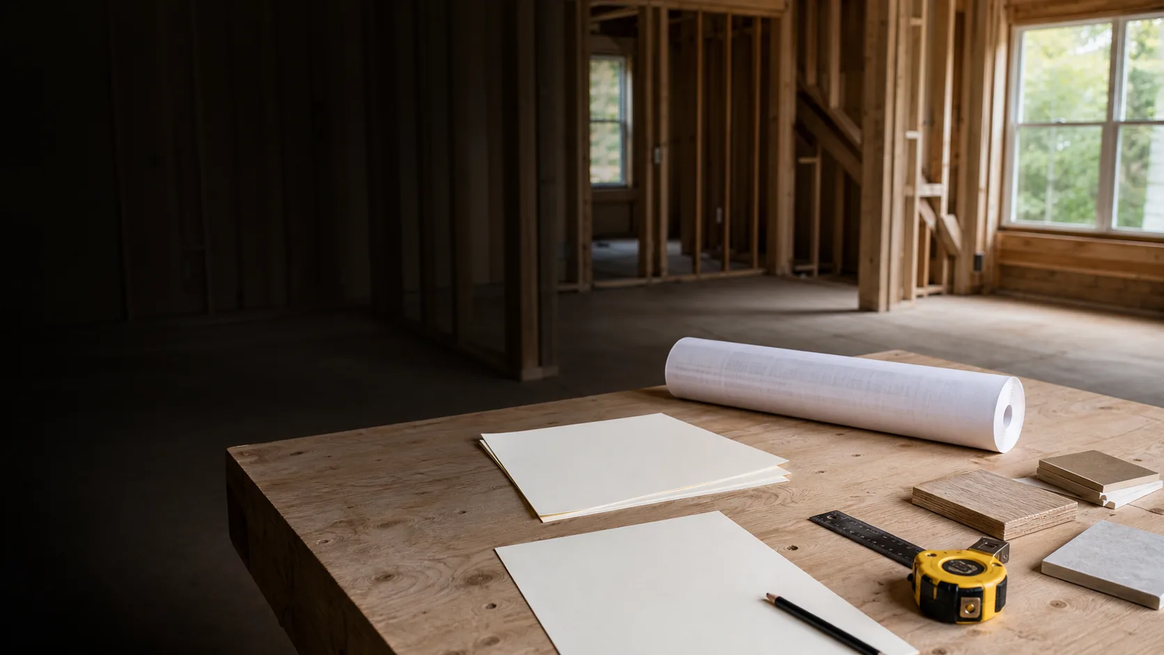 Illustrative scope-planning worktable with blank planning sheets and material samples.