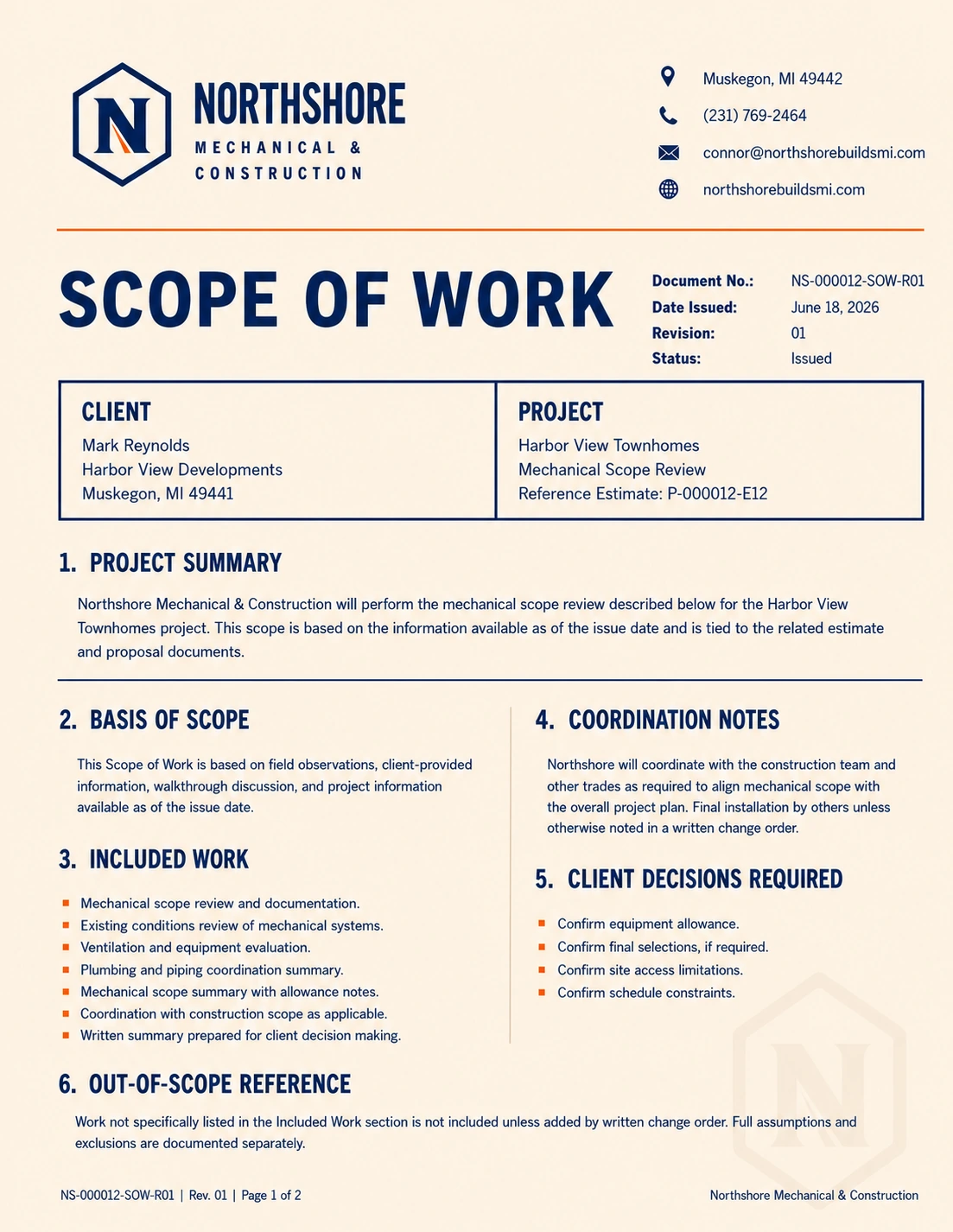 Northshore Scope of Work document format, shown with sample project information: company letterhead, a client and project block, then numbered sections for project summary, basis of scope, included work, coordination notes, client decisions required, and out-of-scope reference.